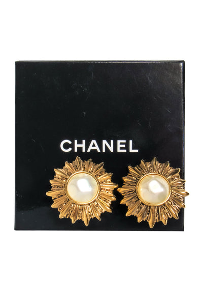 Current Boutique-Chanel - Gold & Pearl Sun Design Clip-On Earrings