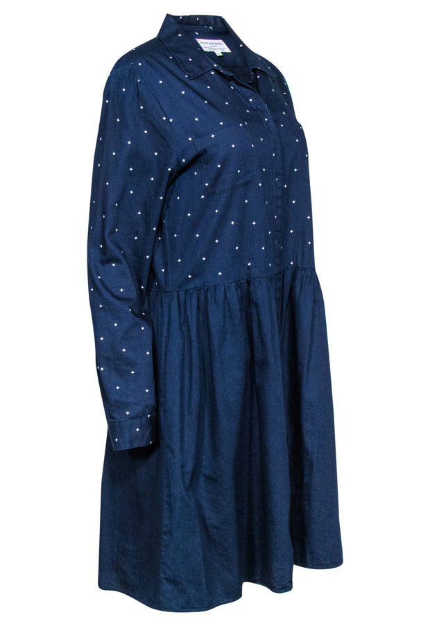 Current Boutique-Chinti & Parker - Navy Star Print Long Sleeve Button-Up Cotton Shirtdress Sz L