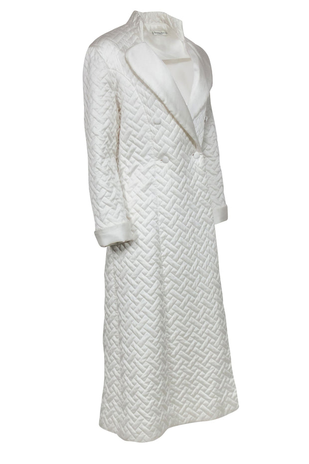 Current Boutique-Christian Dior - Vintage White Satin Quilted Double Breasted Longline House Coat Sz 2