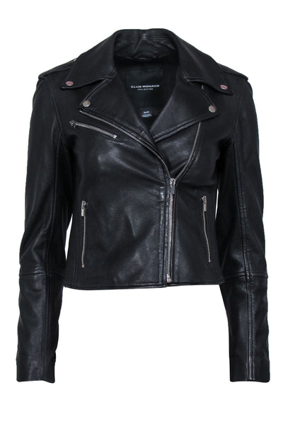 Current Boutique-Club Monaco - Black Smooth Leather Zip-Up Moto Jacket Sz XS