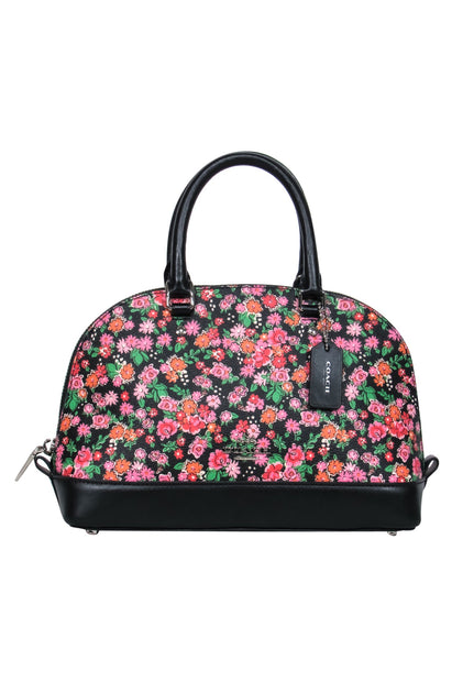 Coach - Black & Pink Floral Mini Bowler-Style Pebbled Leather