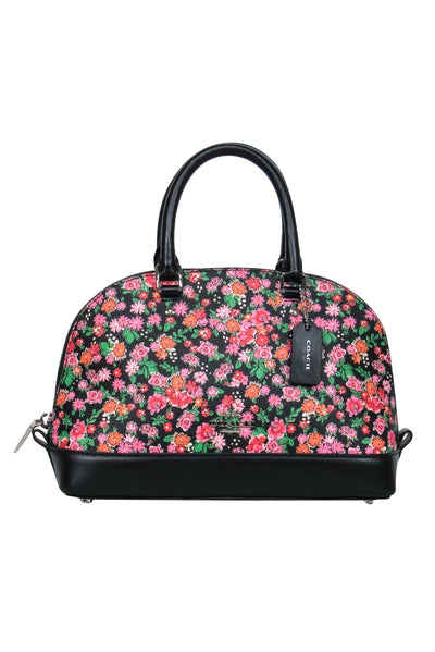 Current Boutique-Coach - Black & Pink Floral Mini Bowler-Style Pebbled Leather Handbag