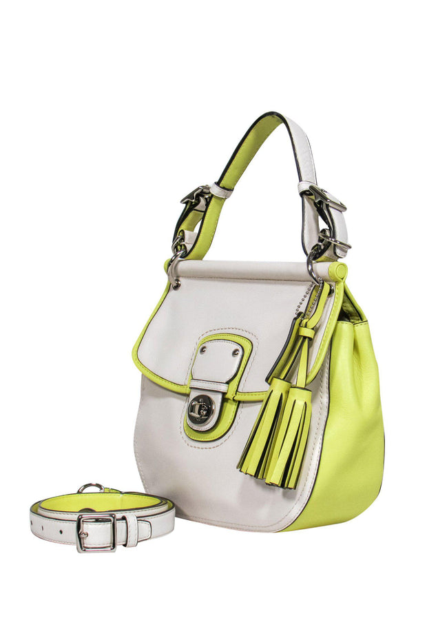 Current Boutique-Coach - Cream & Lime Green Colorblocked Saddle-Style Convertible Crossbody