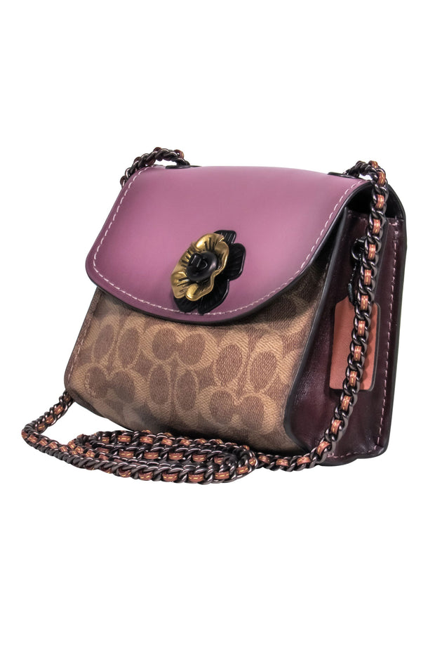 Current Boutique-Coach - Purple & Brown Leather Logo Flower Clasp Shoulder Bag