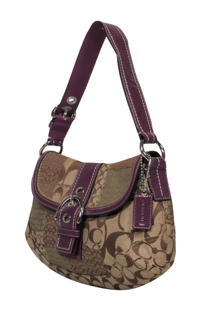 Coach - Tan Logo Patchwork Shoulder Bag w/ Purple Patent Leather