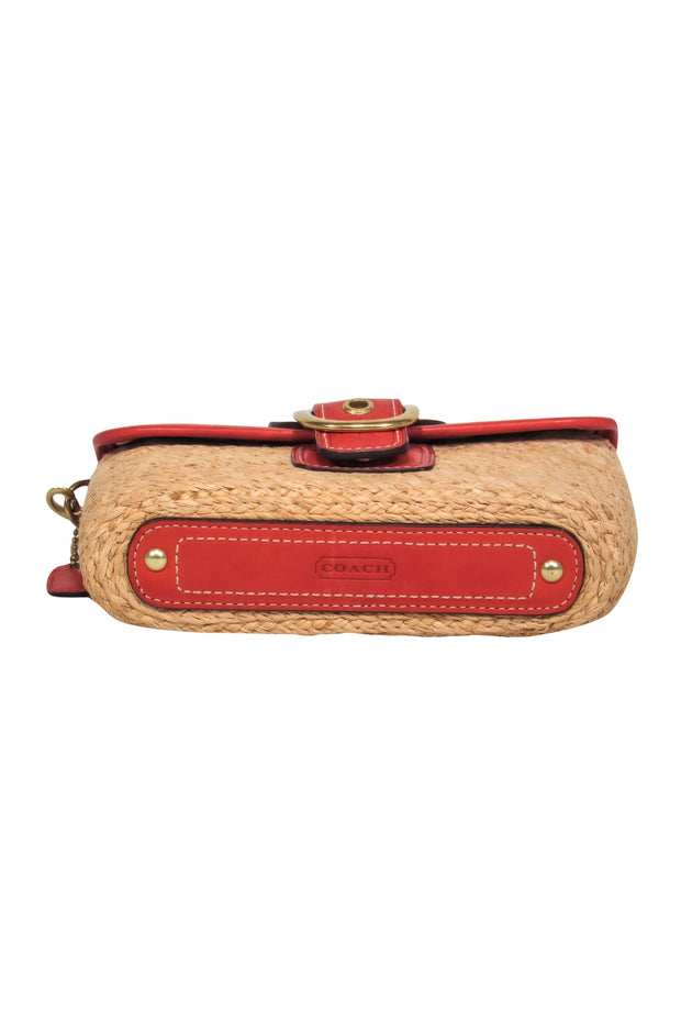 Current Boutique-Coach - Tan, Red & Cream Woven Straw & Leather Convertible Wristlet