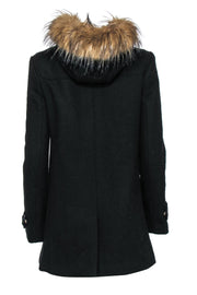 Current Boutique-Cole Haan - Black Buttoned & Zippered Hooded Coat w/ Faux Fur Trim Sz 6