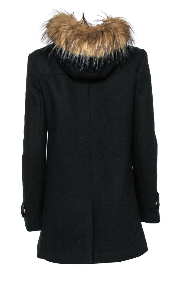 Current Boutique-Cole Haan - Black Buttoned & Zippered Hooded Coat w/ Faux Fur Trim Sz 6