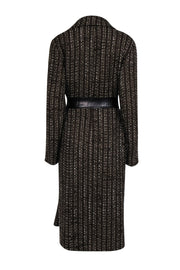 Current Boutique-Cole Haan - Brown & Black Tweed Long Line Coat w/ Black Leather Tie Belt Sz L