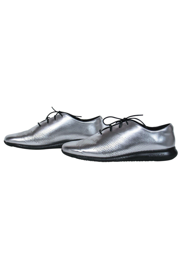 Current Boutique-Cole Haan - Silver Metallic Perforated Leather Lace-Up Sneakers Sz 10