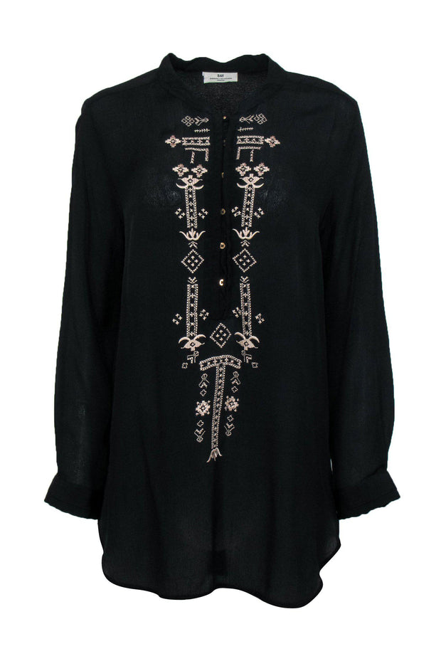 Current Boutique-DAY Birger et Mikkelsen - Black Long Sleeve Tunic Blouse w/ Embroidery Sz M