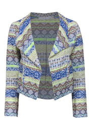 Current Boutique-Daniela Corte - Blue, Brown & Neon Green Tribal Print Cropped Blazer Sz XS