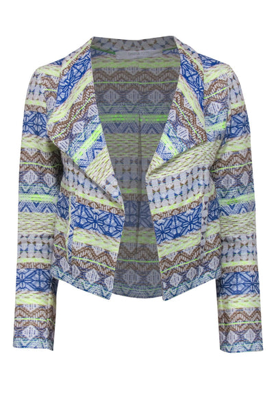 Current Boutique-Daniela Corte - Blue, Brown & Neon Green Tribal Print Cropped Blazer Sz XS