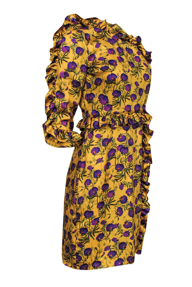 Current Boutique-Delfi - Yellow Floral Print One-Shoulder Dress w/ Ruffles Sz S
