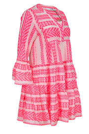 Current Boutique-Devotion Twins - Hot Pink Aztec Embroidered Bell Sleeve Shift Dress Sz S