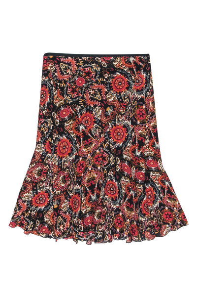 Current Boutique-Diane von Furstenberg - Black, Red & Orange Bohemian Print Silk Midi Skirt Sz 8