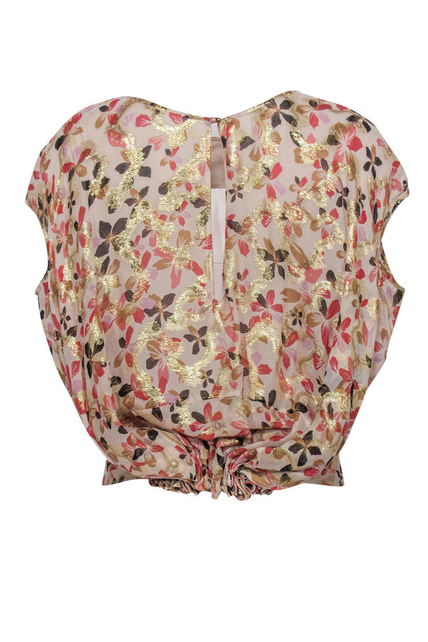 Current Boutique-Diane von Furstenberg - Cream, Gold & Pink Floral Drawstring Top Sz S