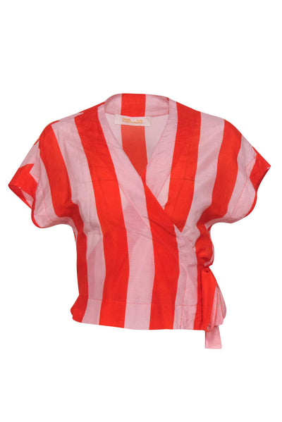 Current Boutique-Diane von Furstenberg - Pink & Orange Striped Short Sleeve Cropped Wrap Blouse Sz P