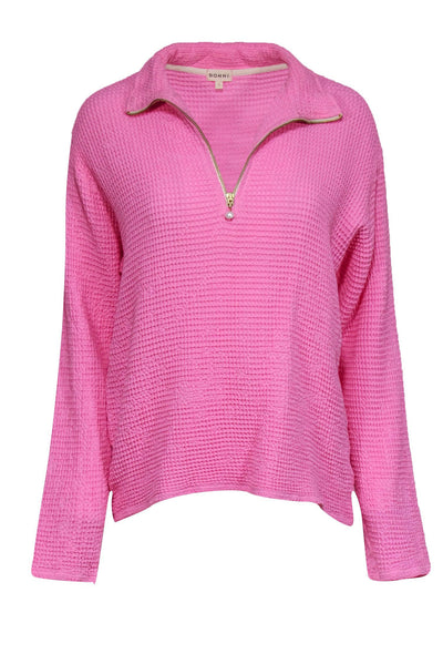 Current Boutique-Donni - Pink Cotton Waffle Knit Quarter-Zip Pullover Sz L