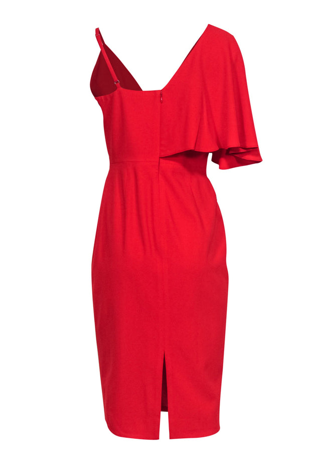 Current Boutique-Dress the Population - Red Fitted Midi Dress w/ One Shoulder Ruffle Sz M