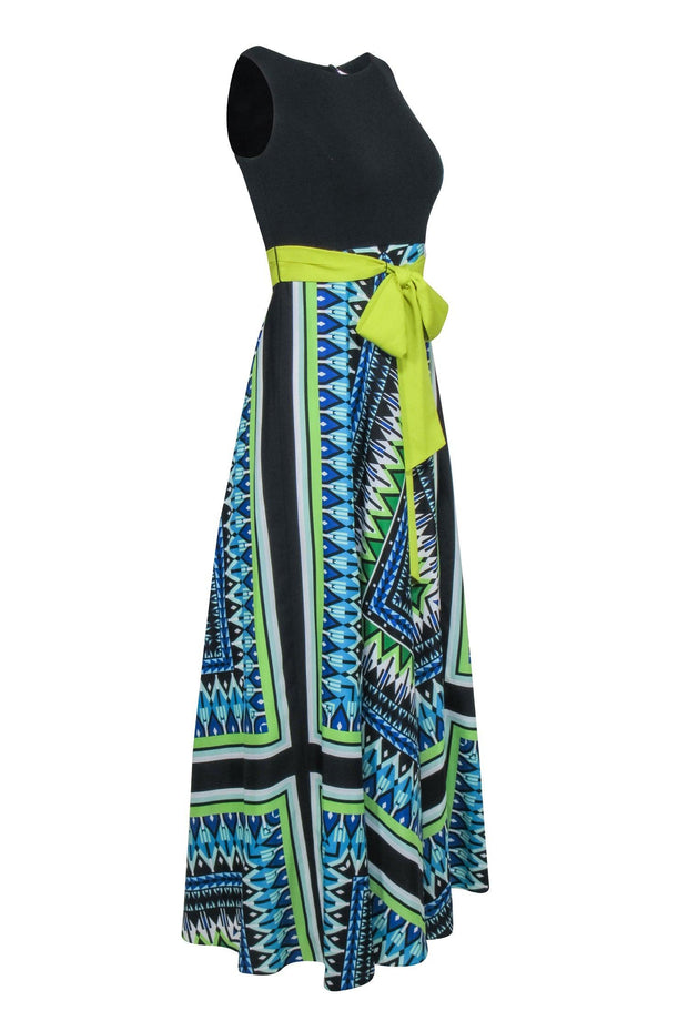 Current Boutique-Eliza J - Black Sleeveless Bodice w/ Blue & Green Print Bottom Maxi Dress Sz 2P