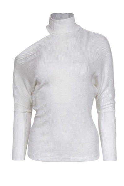Current Boutique-Enza Costa - White Ribbed Turtleneck "Heather" Sweater w/ Cold Shoulder Cutout Sz S