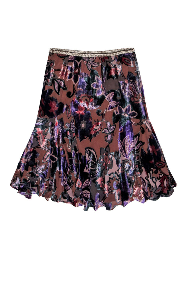 Current Boutique-Etro - Brown & Purple Velvet Floral Print Midi Skirt Sz 6
