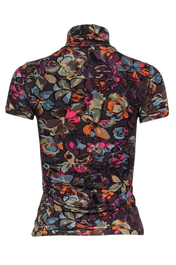Current Boutique-Etro - Dark Brown & Multicolor Floral Print Short Sleeve Mock Neck Top Sz S