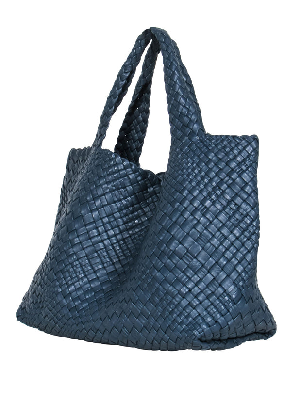 Current Boutique-Falor – Large Blue Woven Leather Tote Bag