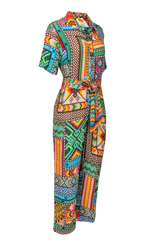 Current Boutique-Farm - Green & Multi-Colored 'Banana Scarves' Printed Jumpsuit Sz XS
