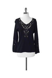 Current Boutique-Feraud - Black Knit Top w/ Crochet Neckline Sz L