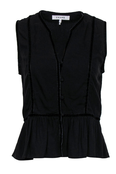 Current Boutique-Frame - Black Vest-Style Sleeveless Top w/ Velvet Trim Sz XS