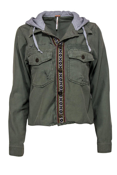 Current Boutique-Free People - Army Green Distressed Layered Jacket w/ Trim Sz S