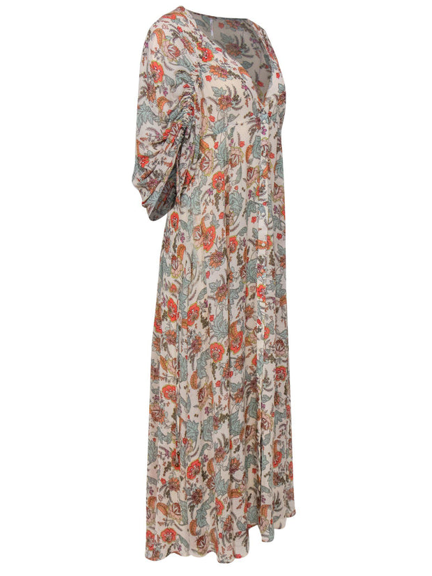 Current Boutique-Free People - Beige Floral Print Ruched Sleeve Button-Up Maxi Dress Sz XS