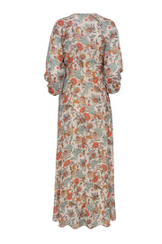 Current Boutique-Free People - Beige Floral Print Ruched Sleeve Button-Up Maxi Dress Sz XS