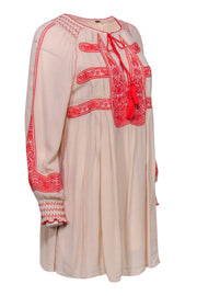 Current Boutique-Free People - Beige, Red & White Embroidered Shift Dress w/ Tassels Sz XS
