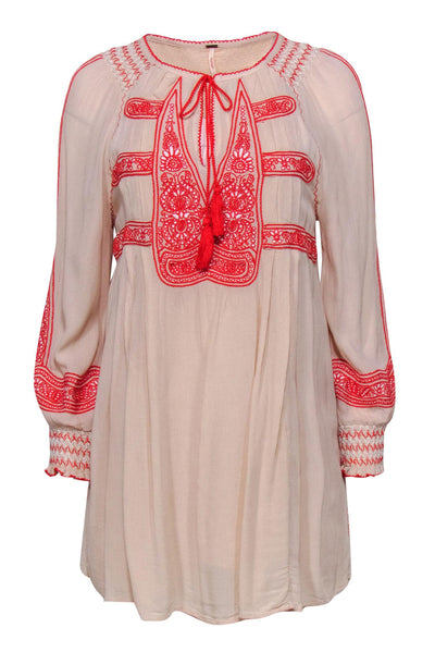 Current Boutique-Free People - Beige, Red & White Embroidered Shift Dress w/ Tassels Sz XS