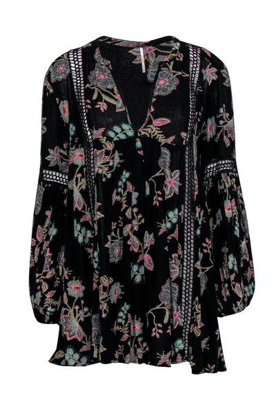 Current Boutique-Free People - Black & Green Floral Print Long Sleeve Tunic w/ Eyelet Trim Sz M