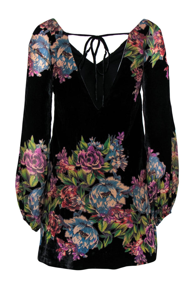 Current Boutique-Free People - Black & Multicolored Velvet Floral Print Shift Dress Sz XS