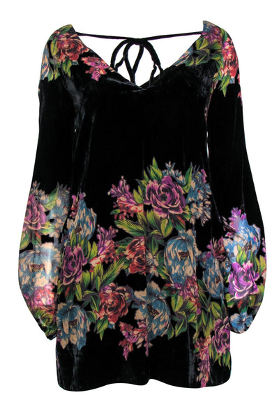 Current Boutique-Free People - Black & Multicolored Velvet Floral Print Shift Dress Sz XS
