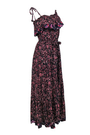 Current Boutique-Free People - Black & Pink Floral Print Belted Maxi Dress w/ Plaid Trim Sz S