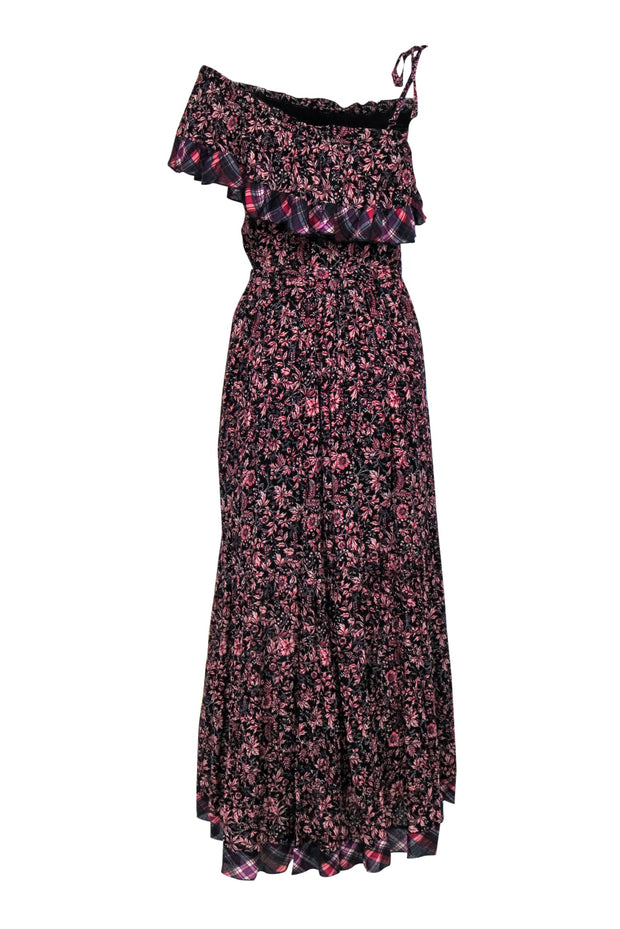 Current Boutique-Free People - Black & Pink Floral Print Belted Maxi Dress w/ Plaid Trim Sz S