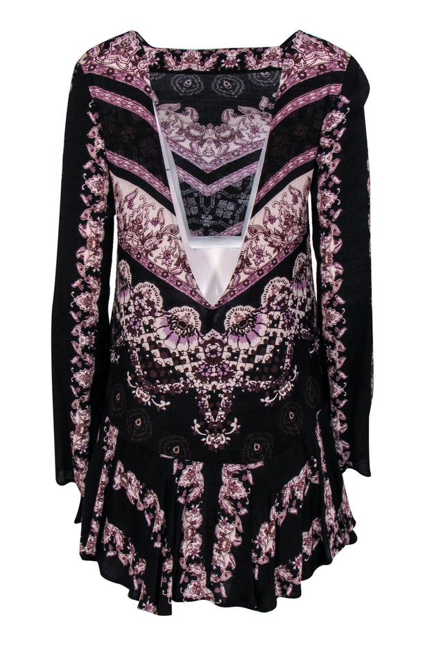 Current Boutique-Free People - Black, Purple & Cream Floral & Bohemian Print Shift Dress Sz XS