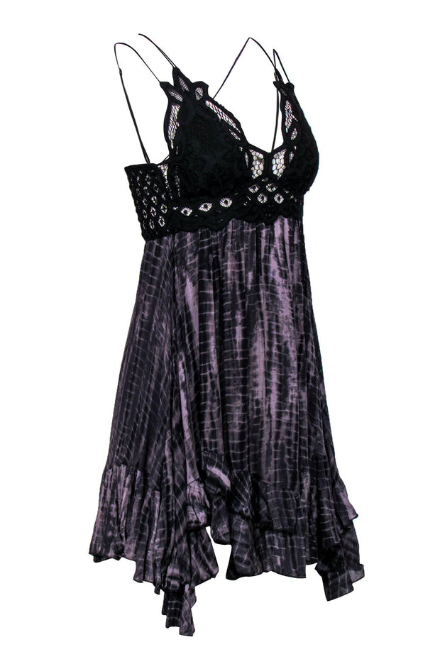 Current Boutique-Free People - Black & Purple Tie-Dye Print Fit & Flare Dress w/ Lace Top Sz S