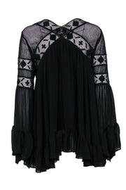 Current Boutique-Free People - Black Ruffle Mini Bell Sleeve Dress w/ Lace Sz M