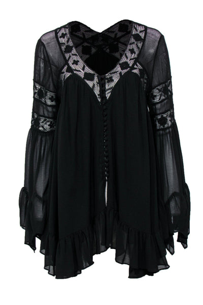 Current Boutique-Free People - Black Ruffle Mini Bell Sleeve Dress w/ Lace Sz M