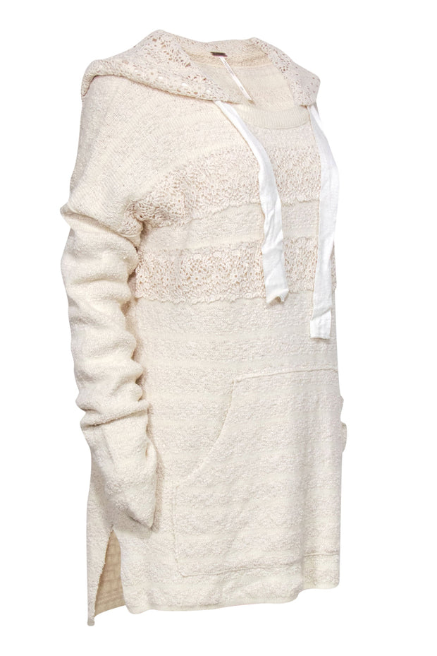 Current Boutique-Free People - Cream Knit Tunic-Style Hoodie w/ Floral Lace Trim Sz S