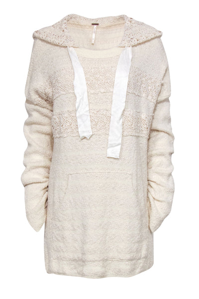 Current Boutique-Free People - Cream Knit Tunic-Style Hoodie w/ Floral Lace Trim Sz S