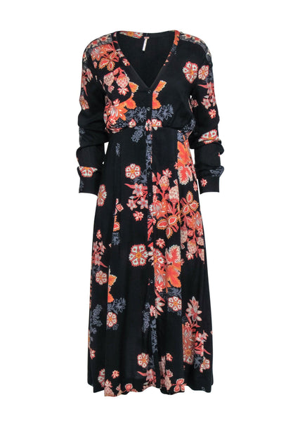 Current Boutique-Free People - Dark Floral Printed Button-Front Maxi Dress Sz S