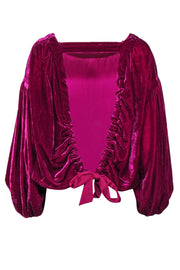 Current Boutique-Free People - Magenta Velvet Open Back Balloon Sleeve Blouse w/ Ties Sz XS